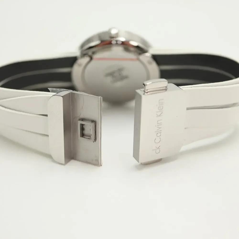 Calvin Klein Swiss Made Silver Tone 32mm Women Watch White Leather w New Battery